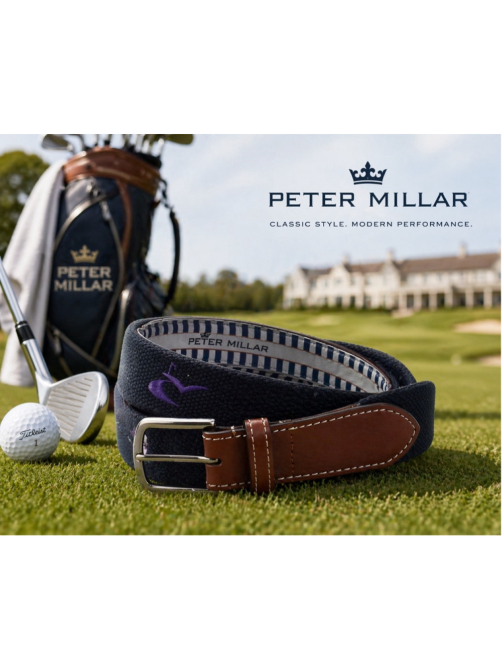 Peter Millar Belt Mens 36 Navy Canvas Leather Trim Golf Preppy Embroidered